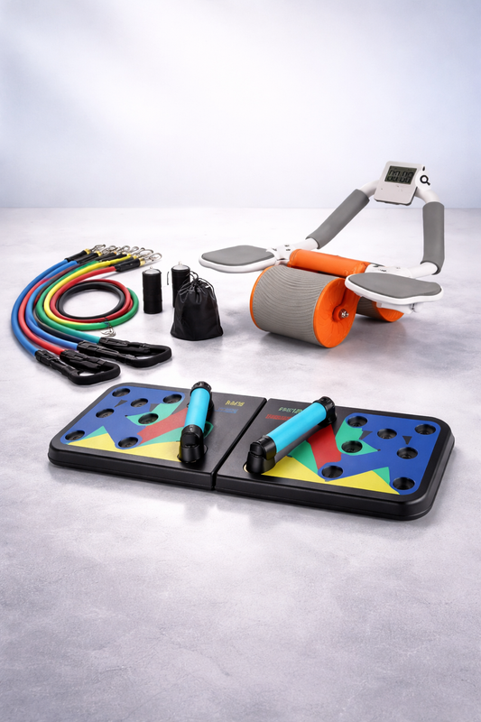 Combo Fitness: Tabla de Flexiones + Bandas + Rueda Abdominal